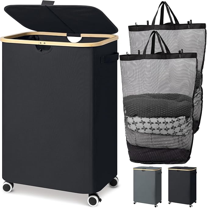 Goodpick Laundry Basket with Wheels, 150L Double Laundry Hamper 2 Section Extra Large Clothes Hamper with Removable Wash Bag Collapsible Dirty Clothes Basket for Bedroom, Bathroom, Black