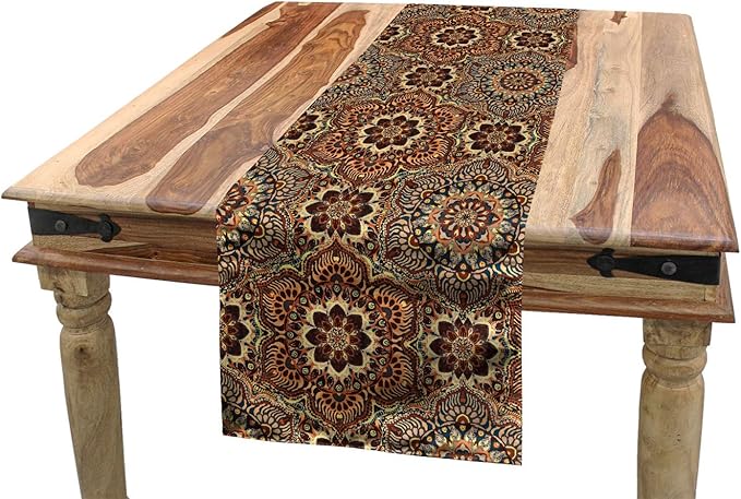 Lunarable Ethnic Table Runner, Exotic Orient Style Ottoman Flower Scroll Turkish Old Fashioned Bohemian Print, Dining Room Kitchen Rectangular Runner, 16" X 90", Coffee Brown