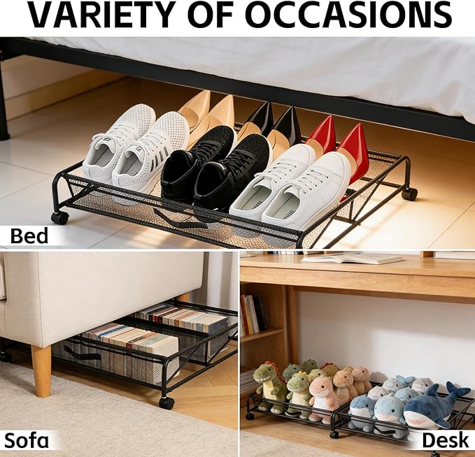 Under Bed Shoe Storage Organizer, 2-Pack Metal Mesh Storage Drawers with Wheels – Rolling Underbed Shoe Organizer for Space Saving Bedroom Organization (Black)