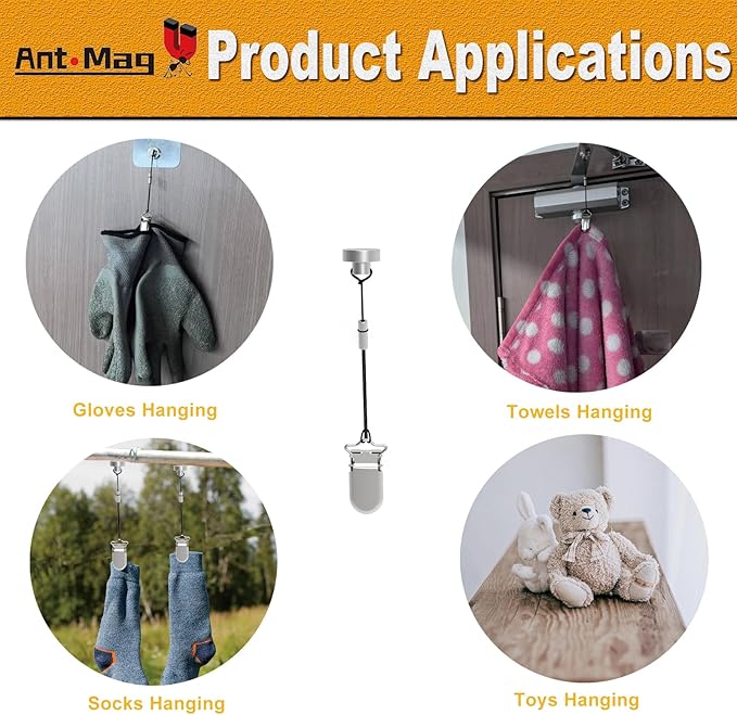 Ant Mag Magnets Clips for Hanging Metal Clips Biting Design with Strings Perfect for Gloves Towels Hats Organization, Magnetic Clip for Fridge Locker Grill Indoor Outdoor Use 6 Pack