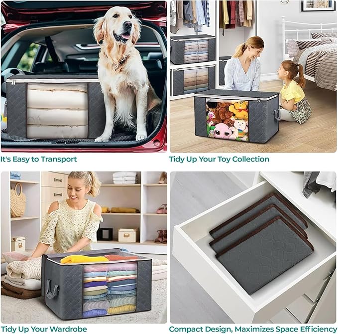 90L Large Storage Bags for Clothes,Blanket and Comforter, 3 Pack Foldable Clothes Storage Bins for Closet Organizer, Storage Containers with Handle, Storage Box