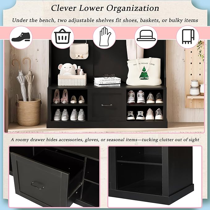 Modern Hall Tree with 6 Hooks, Coat Hanger, Entryway Bench, A Spacious Drawer, Two Adjustable Shelves, 3-in-1 Design Hall Tree for Entrance, Living Room (Black/333)