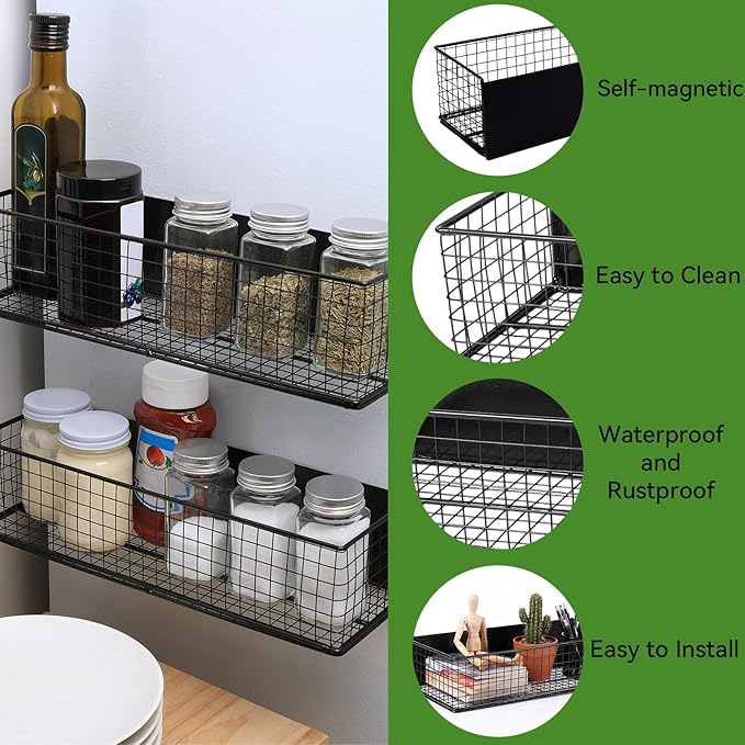2 Pack Magnetic Basket for Fridge, Magnetic Spice Rack for Side of Refrigerator, Magnet Wire Bin Basket Fridge Shelf Organizer Kitchen Classroom Whiteboard Pantry Office Laundry Storage, Black