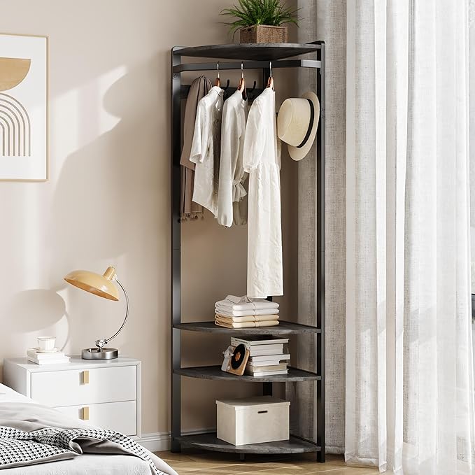 Hallway Coat Rack with 6 Double-Row Hooks and 4 Storage Shelves – Multifunctional Clothes Rack and Shoe Organizer Perfect for Entryway, Hallway and Closet, Rustic Gray & Black