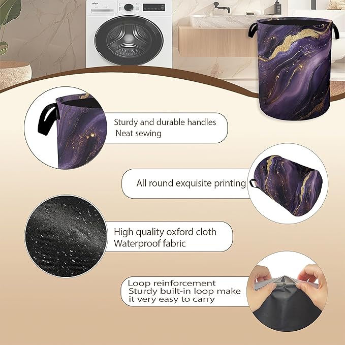 Purple Gold Marble Laundry Hamper,Modern Abstract Collapsible Laundry Baskets,Waterproof Oxford Cloth Laundry Room Organization for Bedroom,Bathroom,Nursery,16x20 Inch