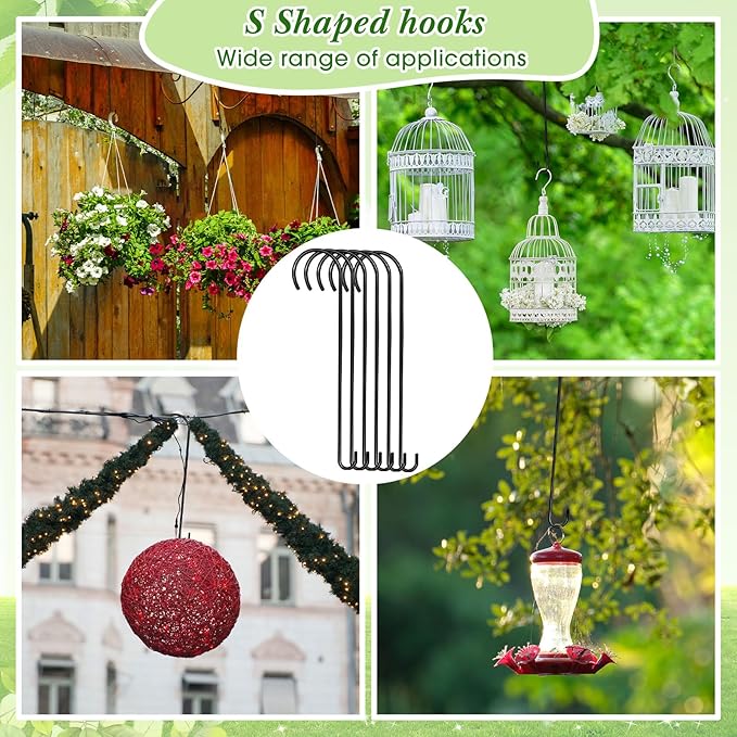 12 Pack 24 Inch Long S Hooks for Hanging Plants, Heavy Duty Metal Tree Branch Hangers Extenders for Bird Feeders Flower Baskets Wind Chimes Black Vinyl Coated Garden Hook