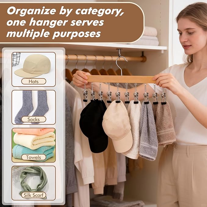 3 Pack Hat Organizer Hanger with 10 Adjustable Stainless Steel Clips, Hat Hangers for Closet, Cap Organizer for Closet, Hats Holder for Ball Caps & Accessories