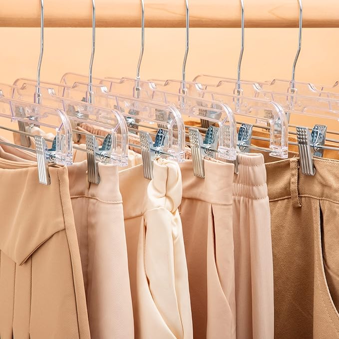 HOUSE DAY Clear Pants Hangers with Clips 12 Pack, Plastic Skirt Hangers for Women, 14 Inch Clip Hanger for Pants, Skirts, Jeans, Shorts, Legging, with 360-degree Swivel Hook, 2 Adjustable Clips