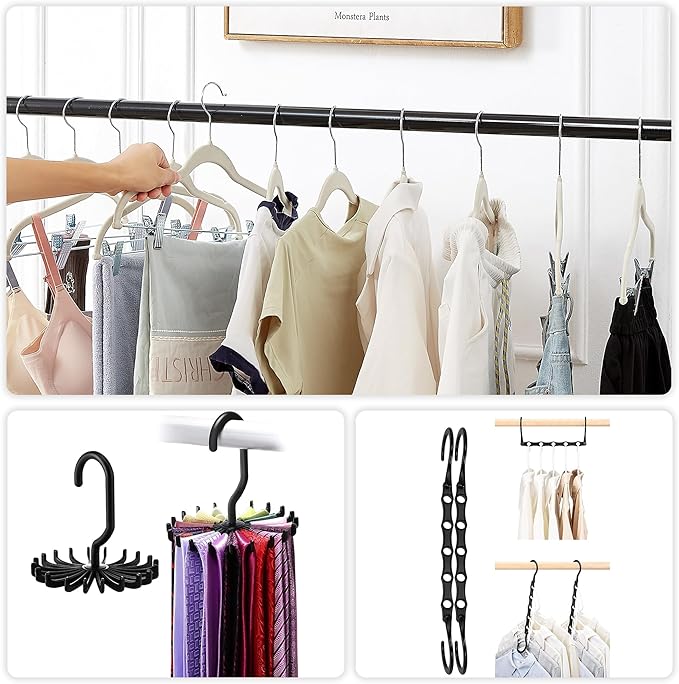 VECELO Premium Velvet Clothes Hangers Suit with Metal Clips (20 Pack)-Non Slip & Space-Saving with 1 Magic Hangers & 2 Tie Rack Excellent for Men and Women