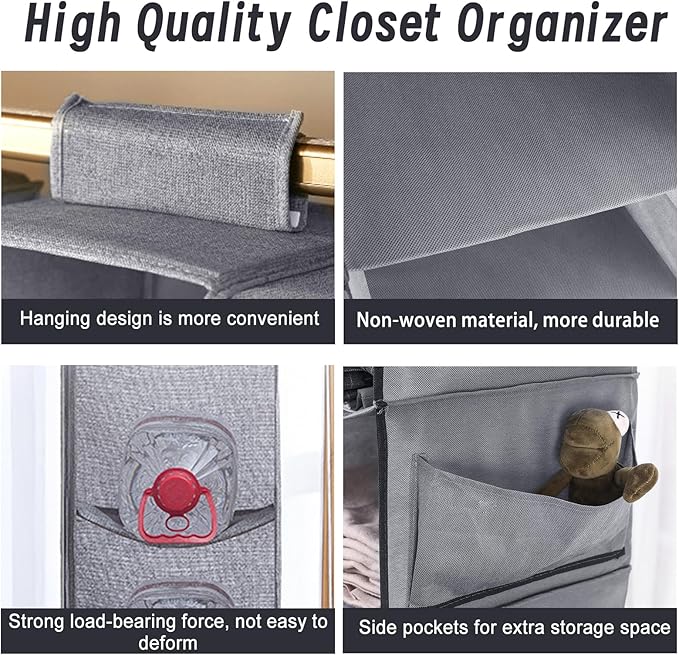 6-Shelf Hanging Closet Organizer, Hanging Storage Shelves with 3 Removable Drawers, Wardrobe Clothes Organizer, Cloth Hanging Shelves, Poucher Foldable for Closet Bedroom Home (1PCS 6-Shelf)