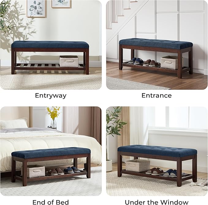 Shoe Bench Entryway, 44" End of Bed Bench,Upholstered Linen Bench for Living Room,Fabric Ottoman Bench with Solid Wood Shelf for Bedroom, Entrance Darkblue