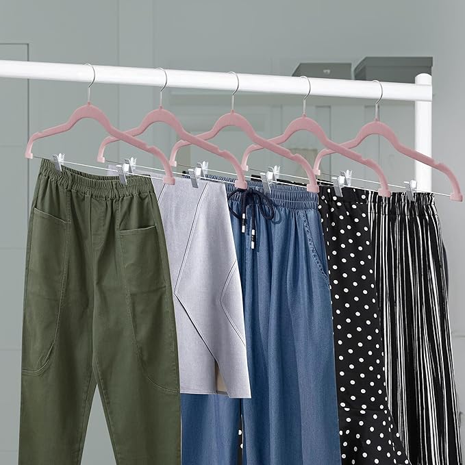 Lifemaster Velvet Pants Hangers – with Adjustable Clips, 360 Degree Swivel Hook, and Non-Slip Shoulder Notch, Holds Up to 10 lbs, for Organizing Skirt, Pants, Dress, and Clothes, Pack of 50, Pink