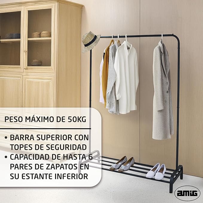 Amig - Ïken Clothes Rail | Organiser with Hanging Rail and Lower Shelf | 110x45x155 cm | Matte Black Metal | Ideal for Bedroom, Hallway, or Entryway