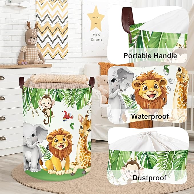 Clastyle Safari Animal Laundry Basket Leaf Kids Clothes Book Storage Basket Gift Toy Box for Bedroom Decor,Elephant Lion Giraffe,36x45 cm