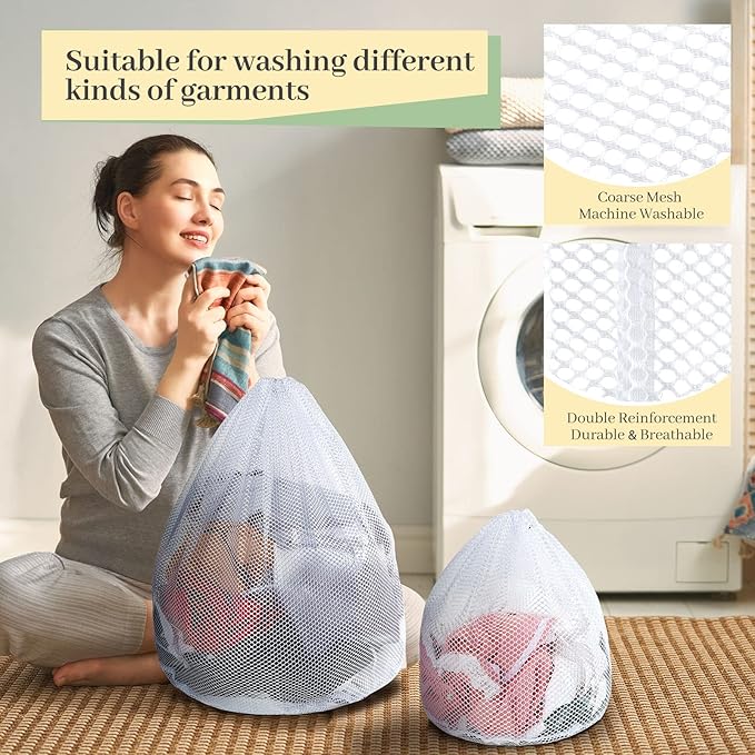 Fabbay 12 Pcs Mesh Laundry Bag with Drawstring White Heavy Duty Mesh Bag Machine Washable Sheet Drawstring Bag Net Wash Bag Laundry Washing Bag for Delicates College Dorm (Coarse Style)