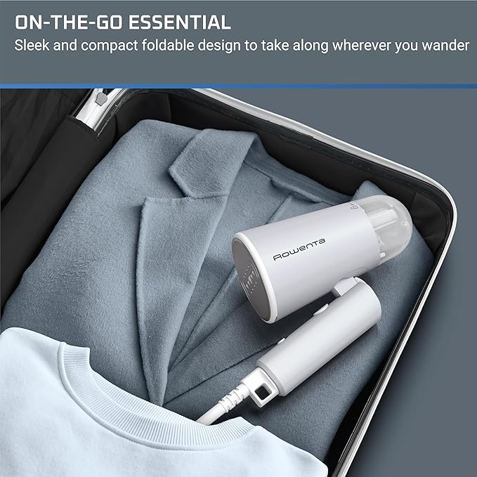Rowenta Travel Steam Handheld Steamer 2.3 Oz Tank Capacity, Foldable,Easy Steam, Effortless wrinkle removal, 1100 watts Portable, Ironing, Fabric Steamer, Vacation Essentials, Gray, DR1011