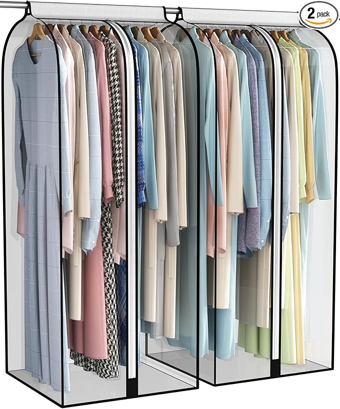 22” Gusseted Garment Bags for Hanging Clothes all Clear Clothes Cover for Closet Storage, Wardrobe Coat Protector for Suit, Shirt Long Dress, Bottom Enclosed, 2 Pack, 50” Long