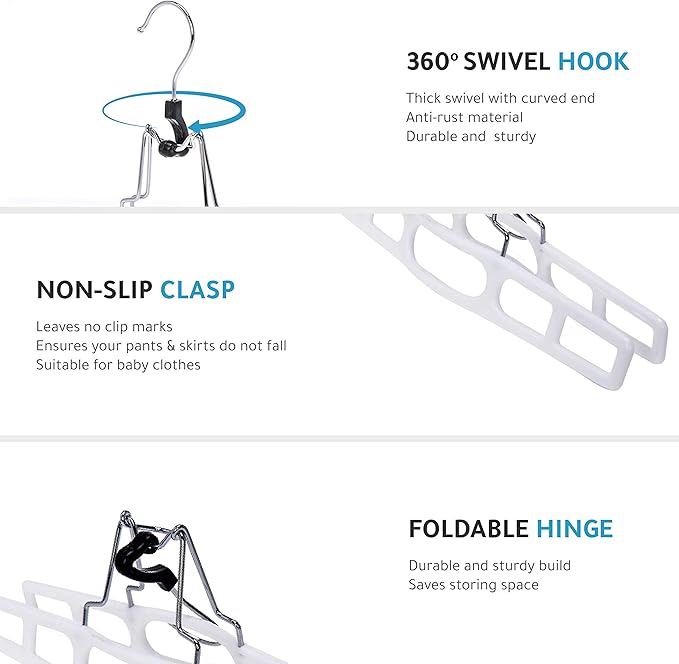 Premium Skirt Hangers 2-Pack - Thin Space-Saving Skirt Hanger Set with Clamp, Pant Hanger 2-Piece Set, Shorts Hangers with Heavy-Duty Locking Clasp, Multipurpose Quality Jean Hangers Set (White, 2)