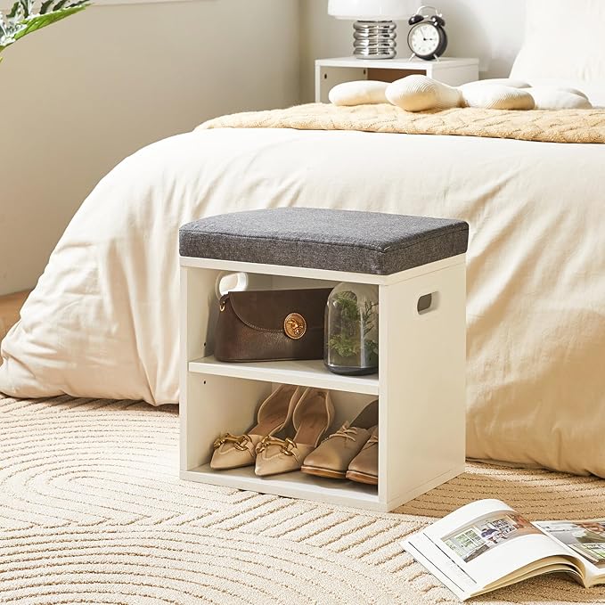 YMYNY Shoe Storage Bench with Cushion, 2 Tier Shoe Rack with Padded Seat, Adjustable Shoe Organizer Cabinet for Entryway, Living Room, Hallway, Closet, Bedroom, 15.4L*11W*16.54H, White, UHBD028W