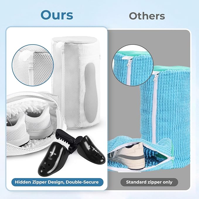 Shoe Washing Machine Bag 2pcs-Reusable Laundry Shoe Bag with Hidden Zipper, 360° Deep Protective XXL Cleaning Bags for Washer and Dryer，Shoe Trees for Sneakers Tennis- Home Travel Essentials, White