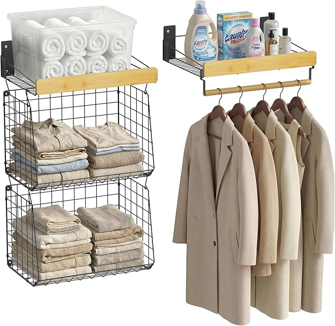 Wall Mounted Laundry Room Shelves, Wire Baskets with 8 Hooks and Hanging Rod, Over The Washer and Dryer Shelf, Drying Rack, Laundry Room Organizer and Storage, 2 Pack Black