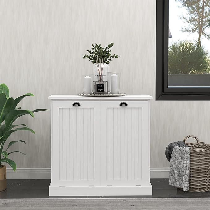 Double Tilt Out Laundry Sorter with Trash Cabinet and Storage - Free Standing, Dog Proof, Recycling, Kitchen Island with Garbage Bin (White)