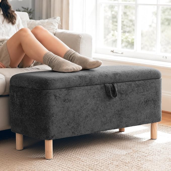 Ottoman with Storage, Storage Ottoman Bench, Entryway Bench with Wood Legs for Living Room, Sitting Area, 2PCS, Dark Grey