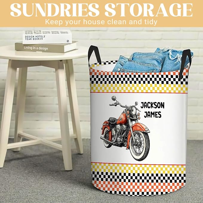 Personalized Motorcycle Laundry Basket, Custom Laundry Hamper With Name Gifts For Kids Baby Adults, Collapsible Dirty Clothes Storage Organizer With Handles M 19.6 X 15.7in