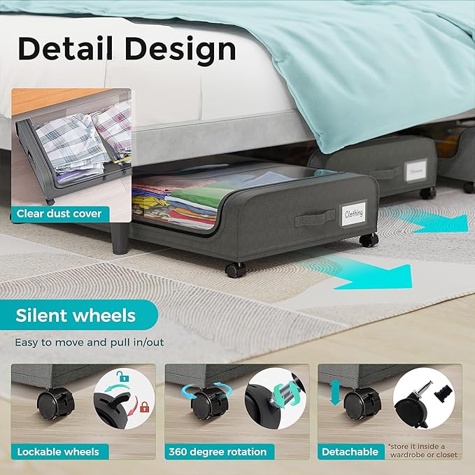 oylik 4 Pack Under Bed Storage with Wheels, Under Bed Shoe Storage Larger Capacity with PVC Clear Window & Label, Under the Bed Storage Containers for Shoe Clothes Toy Book(Grey)