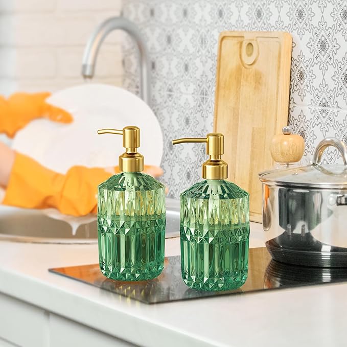 AmazerBath Soap Dispenser Green Glass Soap Dispenser with Pump Stainless Steel, 14.2OZ Luxury Gold Hand Soap Dispensers Bottles Bathroom, Refillable Kitchen Soap Dispenser for Dish Soap, 1 Pack