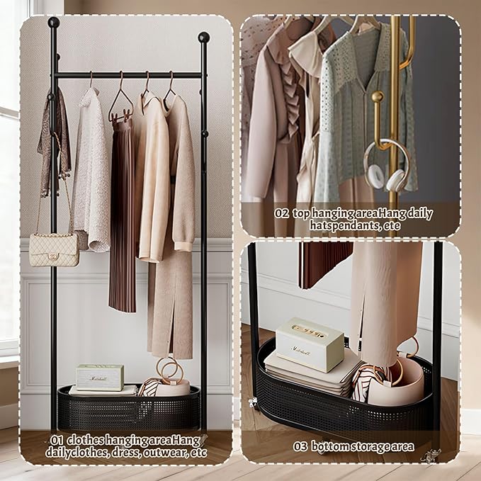 Coat Rack Freestanding Clothing Rack with Wheels & 1 Storage & 4 Hooks Heavy Duty Clothes Rack for Corner Bedroom Entryway Living Room Hotel (Gold)
