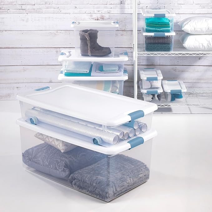 Sterilite 18-Pack Latching Box, Under Bed Storage Bins with Lids, Clear Plastic, 64 Quart - Heavy-Duty Organizing Containers for Closet, Bathroom, and Office