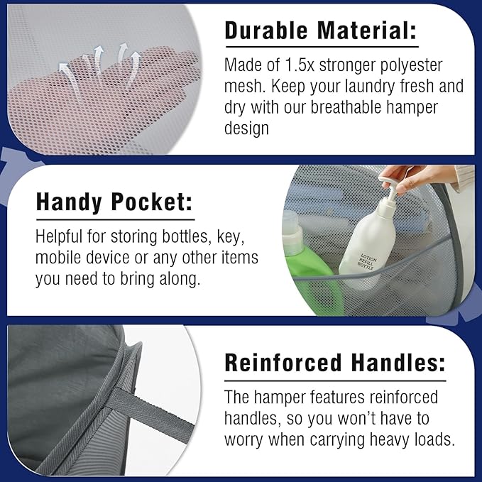 TECHMILLY Collapsible Mesh Pop Up Laundry Hamper with Strong Handles, Large Opening Clothes Hamper with Side Pockets, Storage Baskets for Dorm, Laundry Room, Bathroom or Travel (Grey, 90L)