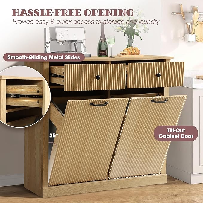 Modern Double Tilt Out Laundry Hamper Cabinet, Fluted 22 Gallon Hidden Garbage Cabinet with Storage Baskets, Wooden Trash Can Cabinets with Drawers (Natural Oak, 13"D x 39"W x 36"H (Full))
