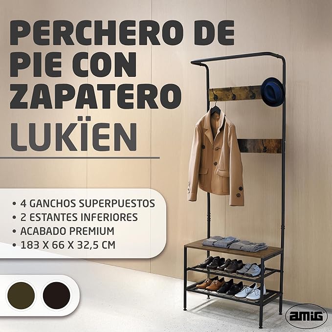 Amig - Lukïen Standing Coat Rack with Shoe Rack - Industrial Style Bench - 183 x 66 x 32.5 cm - Metal and Wood - Black and Brown - Donkey for Hallway or Entrance Rustic Style