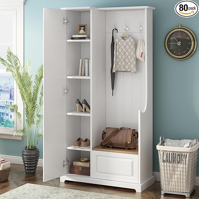 Versatile Design Hall Tree with Flip-Up Bench, 4-in-1 Minimalist Hallway Coat Hanger Shoe Cabinet with Adjustable Shelves, Entryway Coat Rack with Hanging Hooks for Entryways, Mudroom (White-35)