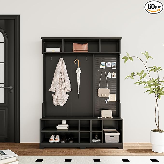 4-in-1 Wide Hall Tree with Shoe Bench, Coat Rack, Shoe Storage, Storage Shelves and Pegboard, Wood Entryway Coat Hanger for Hallways Halls Living Room (Black-757)