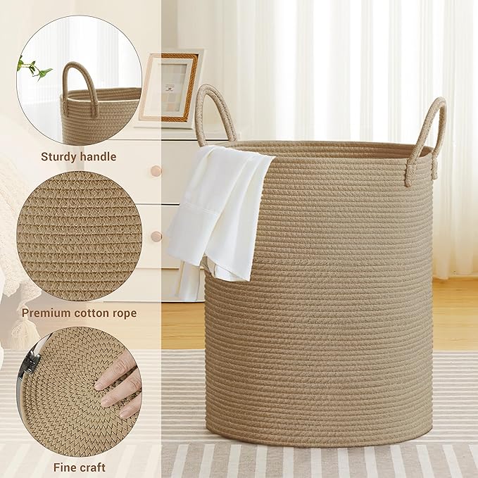 Tall Laundry Basket with Handles, 88L Portable Dirty Clothes Hamper, Boho Cotton Rope Storage Bin for Blankets Kids Toys Gifts, Large Organizer for Baby Nursery Bedroom Bathroom, Jute