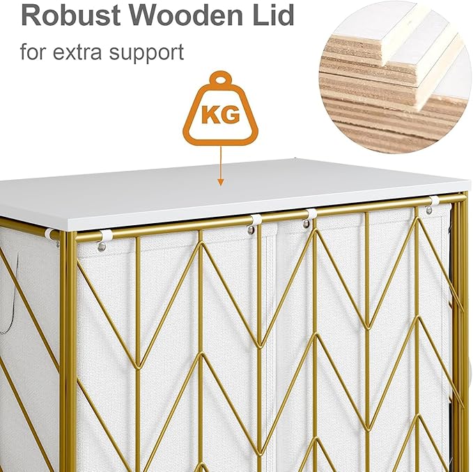 WOWLIVE Laundry Basket with Wheels, Heavy Duty Laundry Hamper with Wood Lid, Clothes Hamper with Divided Removable Liner Bag, Large Capacity Iron-Made Laundry Sorter Laundry Room Organization (Golden)