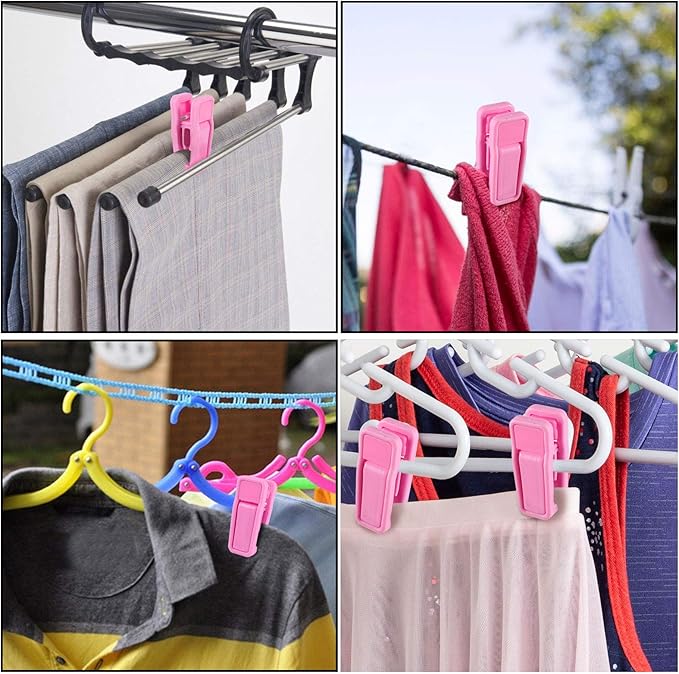 ZOENHOU 100 Pack Pink Plastic Finger Clips for Hanger Strong Pinch, Multi-Purpose Non-Slip Hanger Clip, Plastic Clips for Clothes Pants