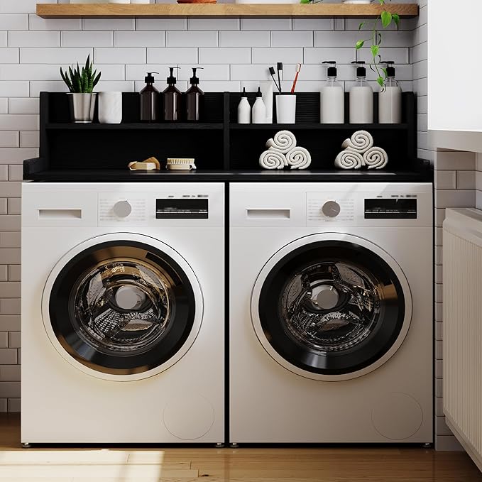 ChooChoo 2-Tier Washer Dryer Countertop with Adjustable Shelf, Spacious Laundry Room Storage for Folding Clothes and Efficient Organization, Black