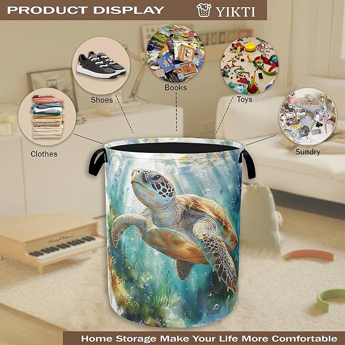 Laundry Hamper,Sea Turtle Laundry Basket,Watercolor Green Ocean Portable Collapsible Laundry Room Organization Storage for Dorm Room,Nursery,Bathroom,Bedroom,16x20 Inch