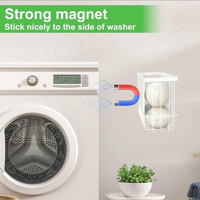 2 Pack Magnetic Basket, Dryer Ball Holder for Laundry Room Organization, Magnetic Lint Bin Storage Wool Dryer Balls and Socks, Lron Dryer Ball Container for Laundry Room Storage, White (No Balls)