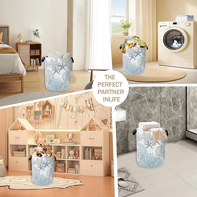 Collapsible Laundry Basket,Coastal Beach Dirty Clothes Hamper,Watercolor Shell Starfish Coral Hampers for Bedroom Waterproof Oxford Cloth Storage Organizer for Bathroom,Nursery,Dorm,16x20 Inch