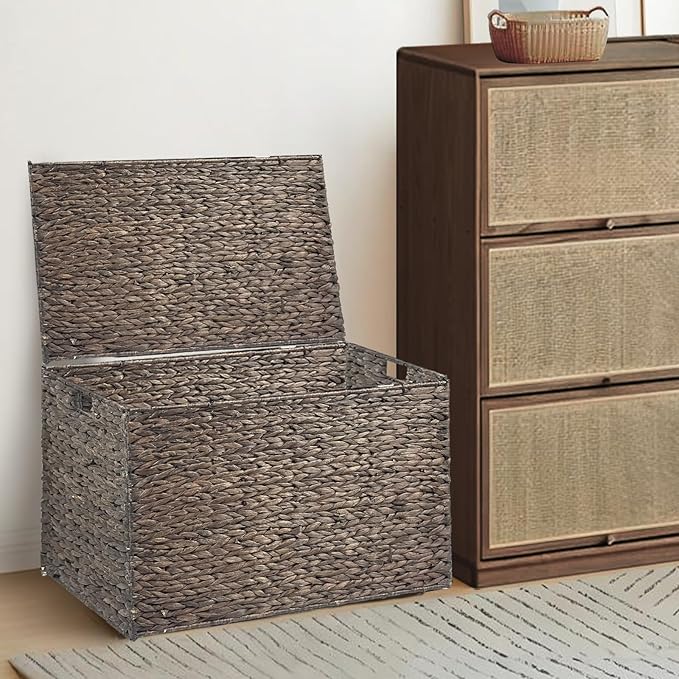 Water Hyacinth Storage Basket with Lid, 52.8 Gallon (200L) Wicker Storage Trunk with Handles, Handwoven Large Wicker Storage Basket for Blanket, Foldable, for Living Room, Bedroom, Brown