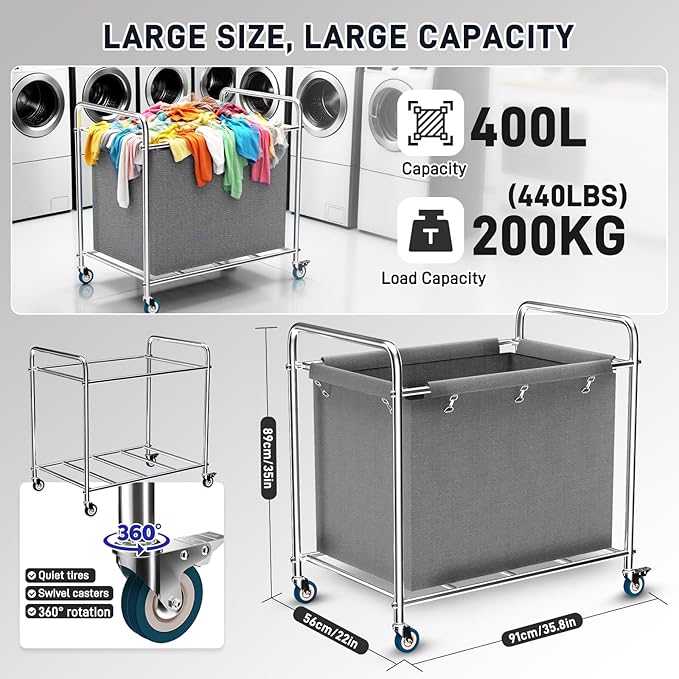 Commercial Laundry Cart with Wheels, 440 lbs Heavy Duty Industrial Laundry Cart with Sturdy Frame and Oxford Bag for Home Hotel Hospital, Rolling Laundry Cart for Home & Hotel, 400L(Grey)