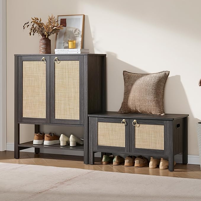 SICOTAS Rattan Shoe Bench - 2 Pieces Farmhouse Shoe Organizer Bench with Lift Top Storage and Hidden Cabinet, Boho Shoe Rack Cabinet for Entryway, Hallway, Bedroom (Obsidian)