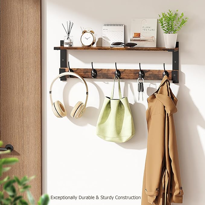 Coat Rack Wall Mount with Hooks and Shelf for Coat, Backpack, Key, Clothes Hanger, Wall Floating Shelf for Entryway, Living Room, Bathroom, Bedroom, Kitchen