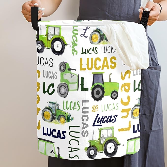 Truck Custom Name Laundry Hamper, Personalized Dirty Clothes Hamper Storage Basket with Name for Bathroom Bedrooms, Customized Name Circular Hamper with Handles for Baby Boys Girls Men Women