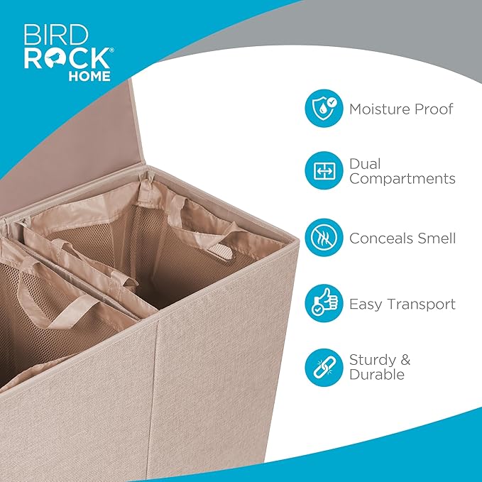 BIRDROCK HOME Double Laundry Hamper with Lid and Removable Liners | Linen | Easily Transport Laundry | Foldable Hamper | Cut Out Handles